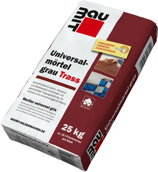 Baumit Universalmörtel grau für vielseitige Anwendungen, 25 kg Sack.