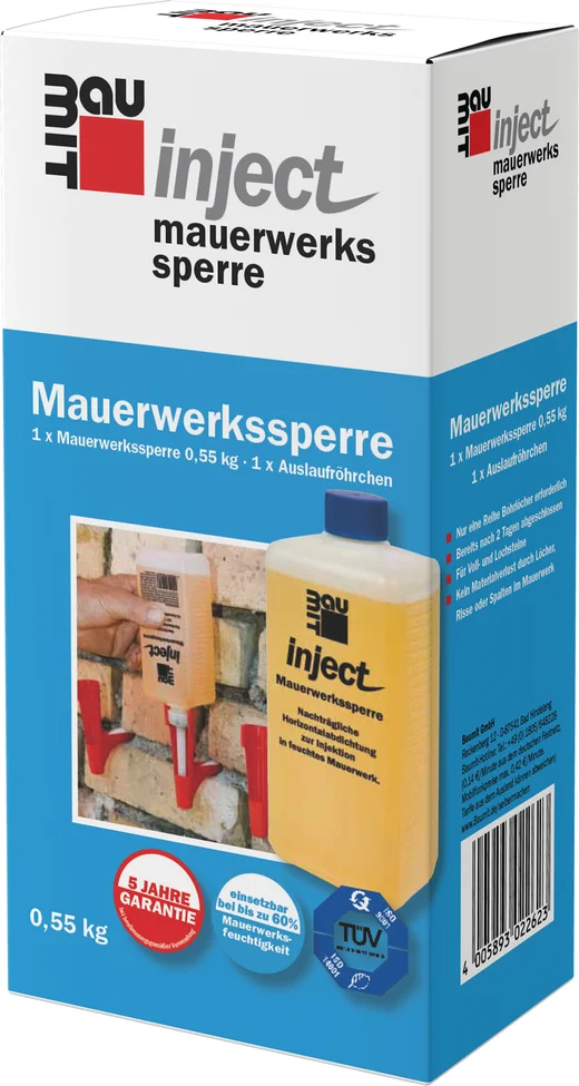Verpackung der Baumit Inject Mauerwerkssperre, ideal zur Abdichtung und Sanierung feuchter W&auml;nde im Heimwerkerbereich.
