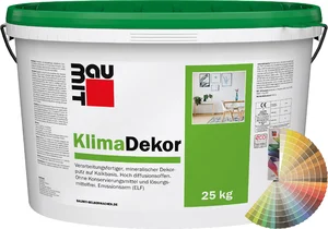 Baumit KlimaDekor met een korrelgrootte van 2 mm is verkrijgbaar in emmers van 25 kg in pastelkleuren.