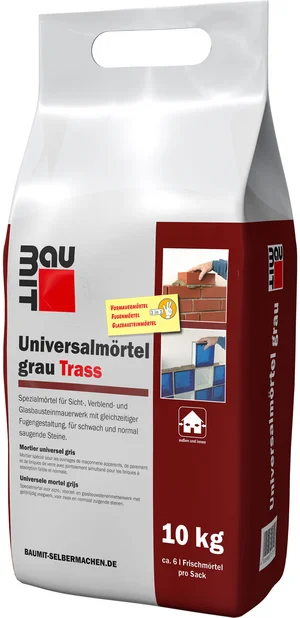 Baumit universele mortel grijs is verkrijgbaar in foliezakken van 10 kg.