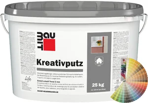 Baumit creatieve pleister met een korrelgrootte van 3 mm is verkrijgbaar in een gekleurde emmer van 25 kg.