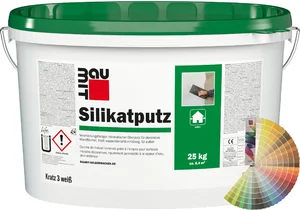 Baumit silicaatpleister met een korrelgrootte van 3 mm is verkrijgbaar in gekleurde emmers van 25 kg.
