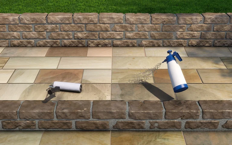 Illustration: Steinplatten im Garten werden mit Pflegeprodukte eingesprüht bzw. mit Walze aufgetragen.