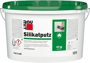 De Baumit silicaatpleister met een korrelgrootte van 3 mm is verkrijgbaar in een witte emmer van 25 kg.