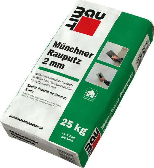 25 kg zak Munich roughcast 2 mm van Baumit, geschikt voor het bepleisteren van gevels met een fijne, gewreven structuur in korrelgrootte 2 mm.