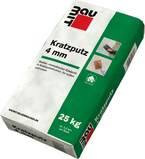Baumit krabpleister met een korrelgrootte van 4 mm is verkrijgbaar in witte zakken van 25 kg.