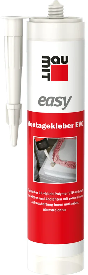 De eenvoudige montagelijm EVO is verkrijgbaar in een plastic patroon van 310 ml.