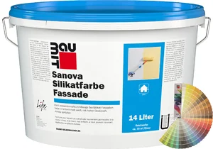 Productafbeelding: Baumit Sanova silicaatverf gevel in een 14 liter emmer met Baumit kleurenwaaier.