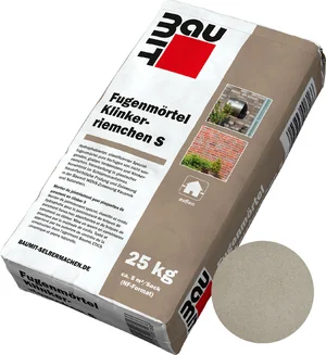De voegmortel Klinkerriemchen S is verkrijgbaar in papieren zakken van 25 kg in de kleur grijswit.