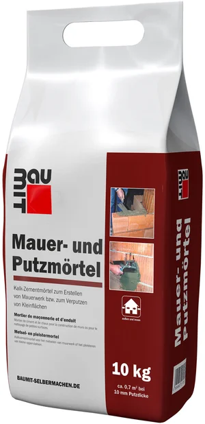 Baumit metsel- en pleistermortel is verkrijgbaar in foliezakken van 10 kg.