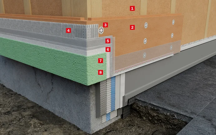 Het opbouwschema toont de laagopbouw van het voorgehangen, niet-geventileerde isolatiesysteem met zachte houtvezelplaten met messing en groef.