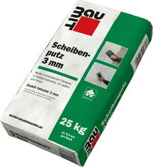 Baumit schijfpleister met een korrelgrootte van 3 mm in wit is verkrijgbaar in zakken van 25 kg.