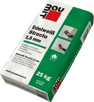 Baumit Edelweiss Structo pleister met een korrelgrootte van 1,5 mm is verkrijgbaar in zakken van 25 kg.