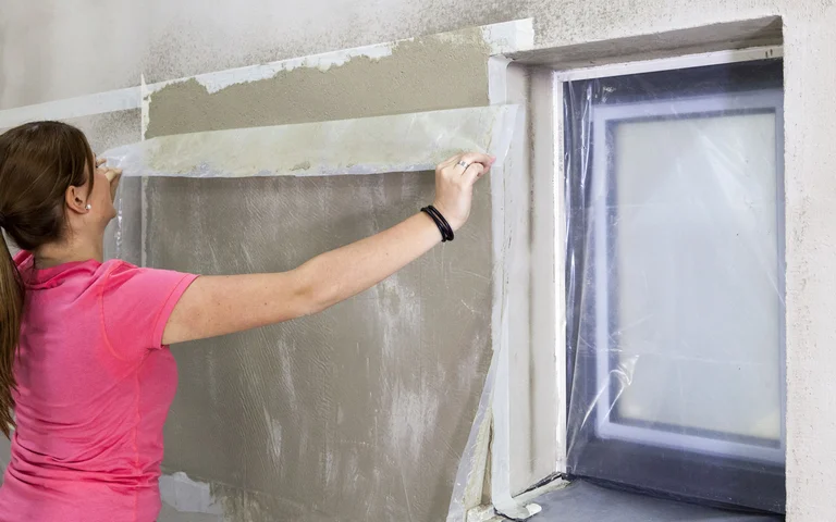 Frau erstellt mit Spachtelmasse und Folientechnik eine Betonoptik an der Fassade als Akzent neben dem Fenster.